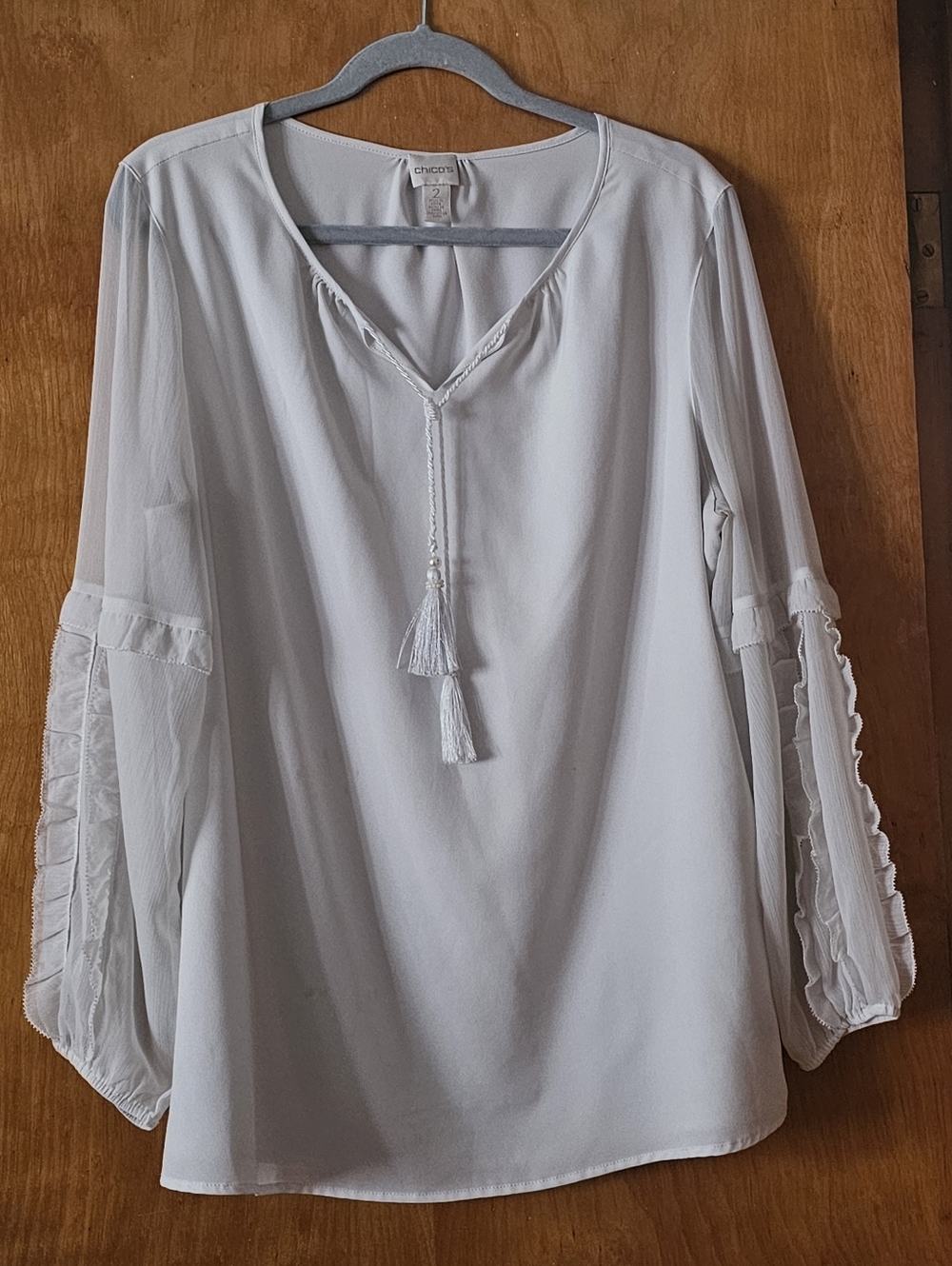 Chico’s Tassel Tie Blouse Women’s Size 2 White Boho Long Sleeve Top